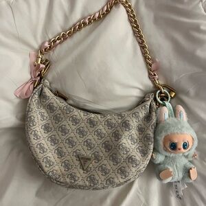 Guess Beige Monogram Bag with Gold Detail